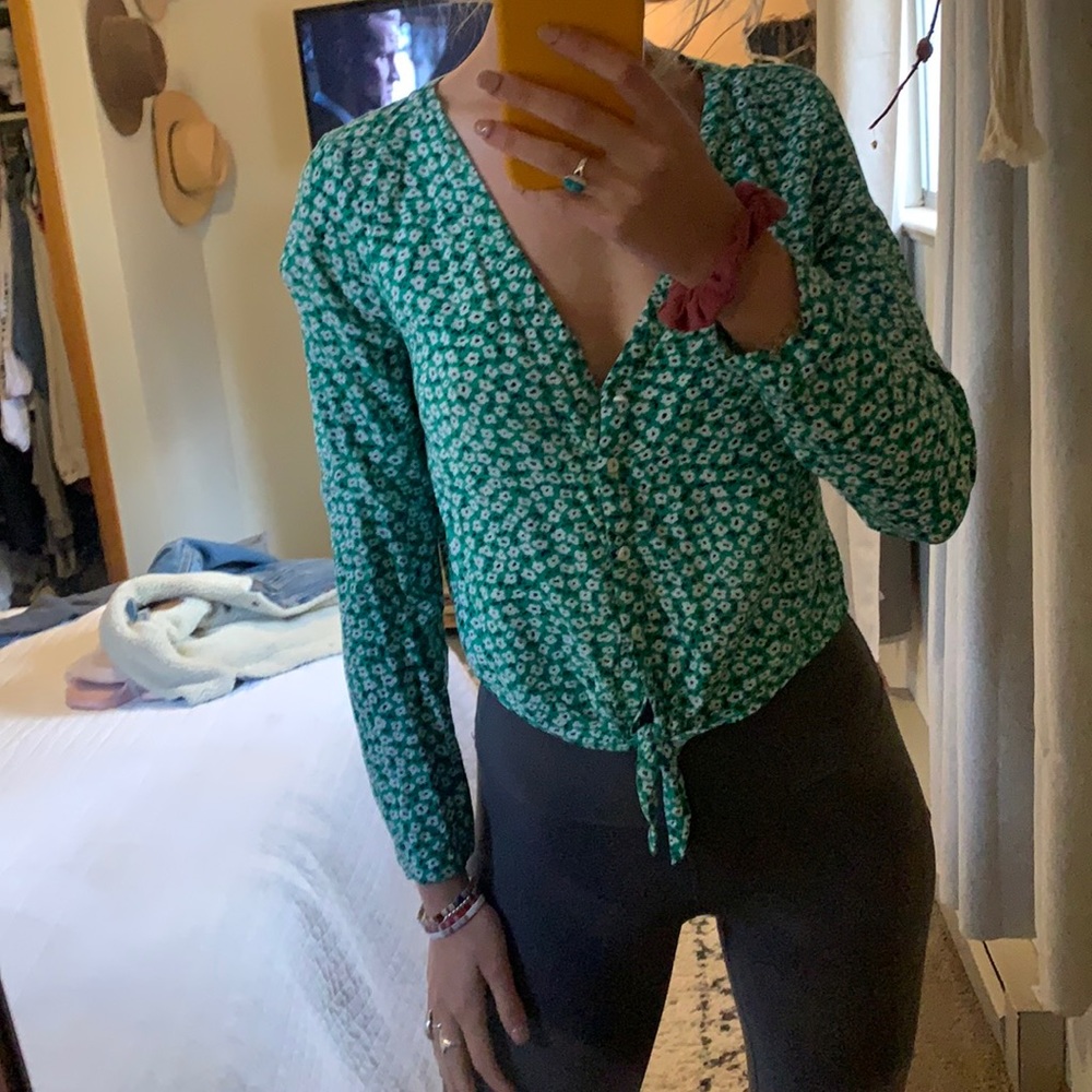 Green floral blouse